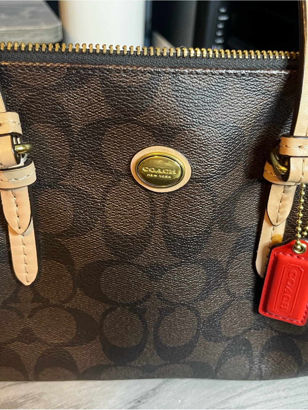 Coach Brown Signature Canvas Tote with Red Tag and Tan Straps